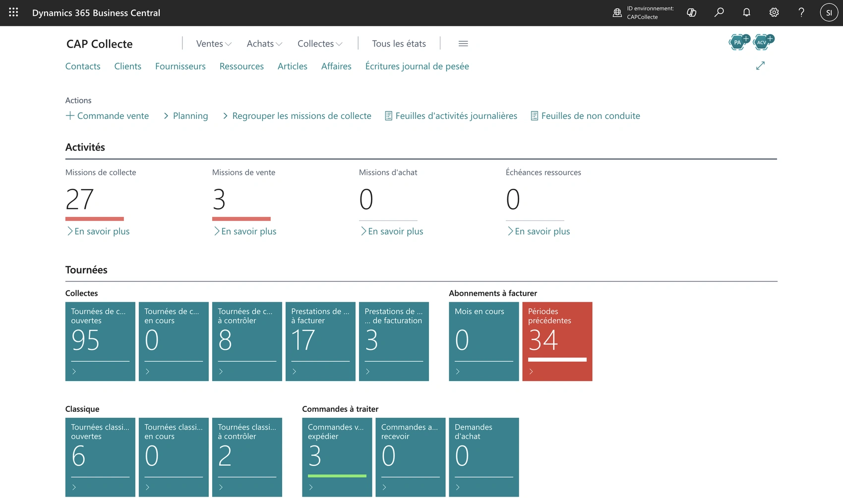 Page d'accueil CAP Collecte dans Microsoft Dynamics 365 Business Central : missions de collecte, tournées ouvertes et abonnements à facturer