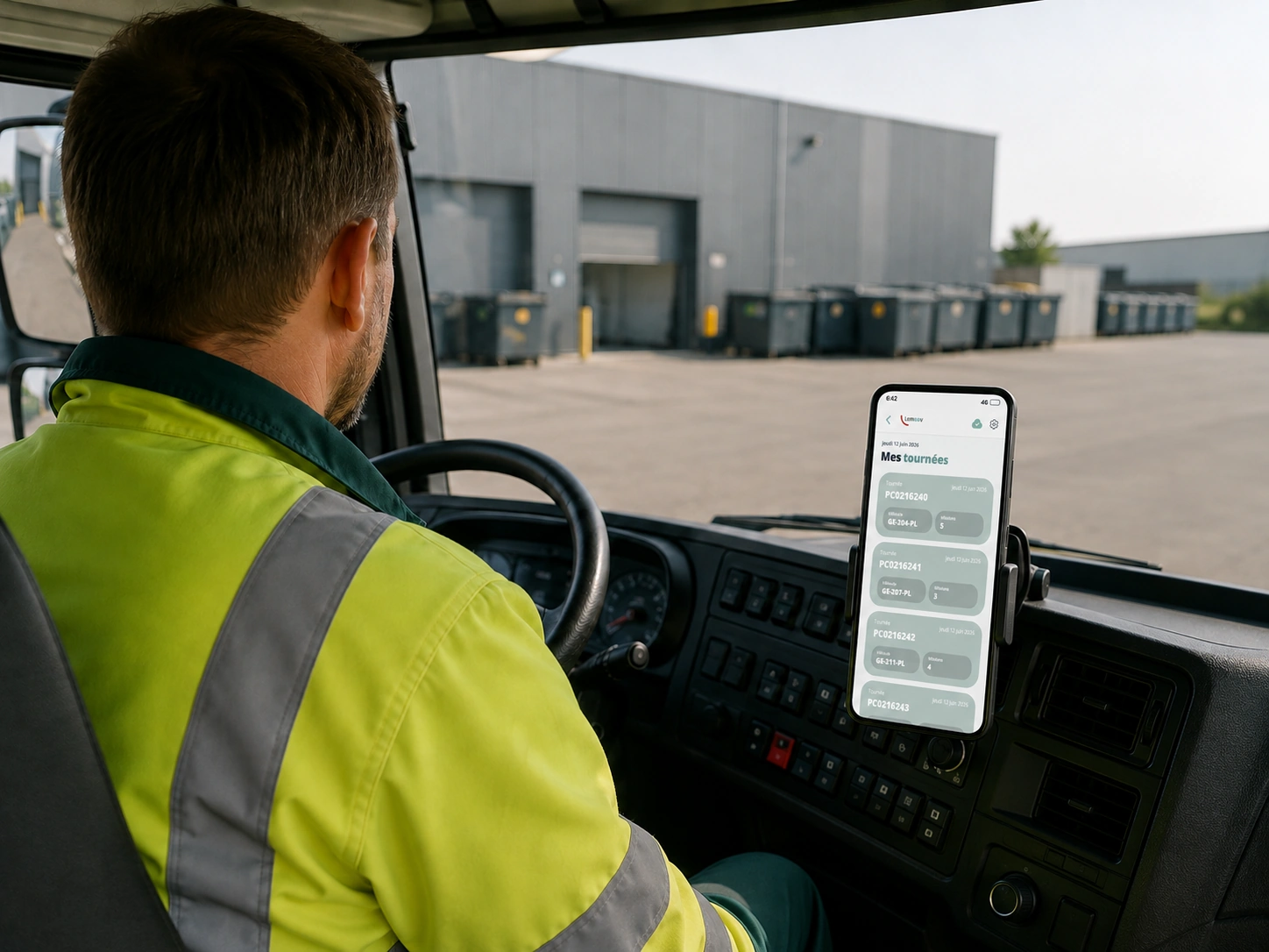 Chauffeur consultant ses tournées dans l'application Lemoov, depuis la cabine du camion