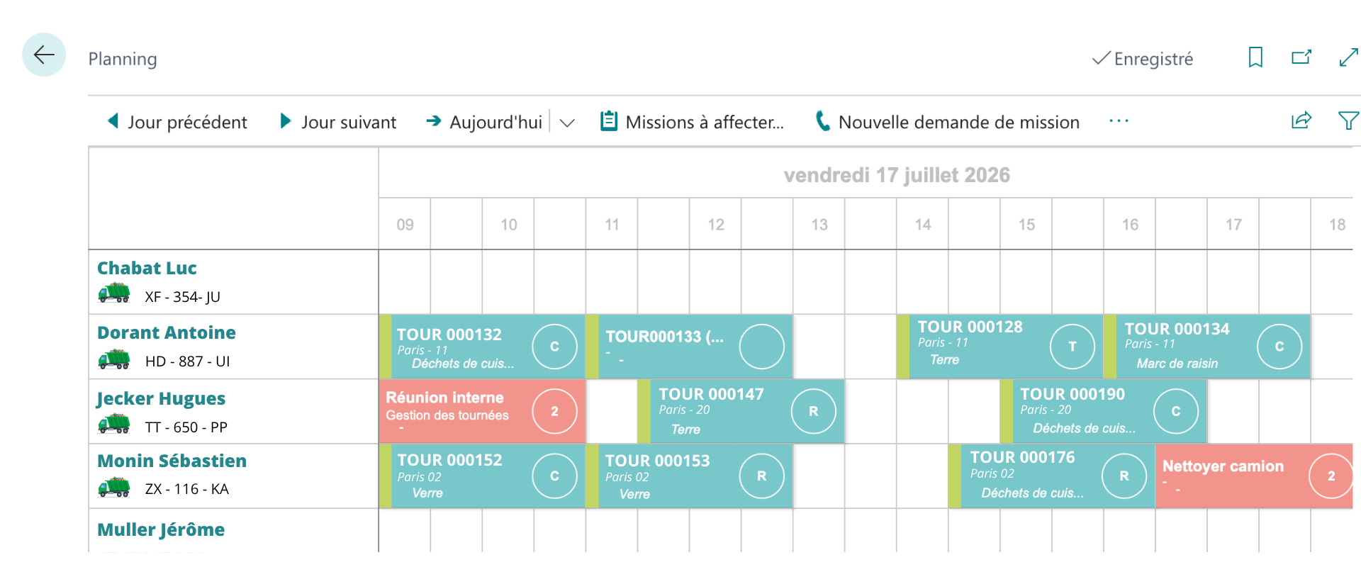 Planning des chauffeurs et des véhicules sur une journée, dans CAP Collecte